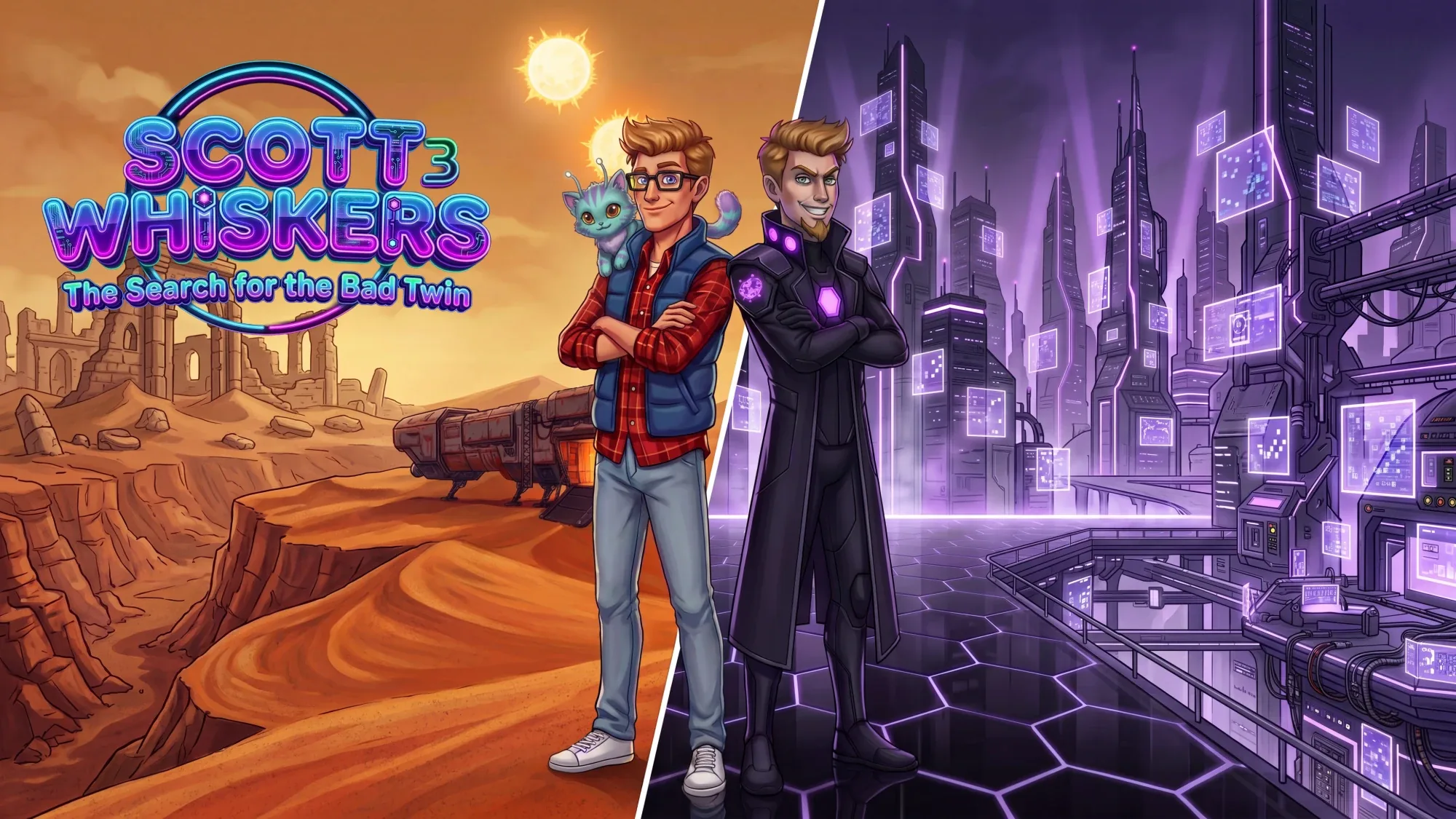 Scott Whiskers: The Search for the Bad Twin – Scott in the orange desert under two suns, back to back with his evil twin in a violet cyber city