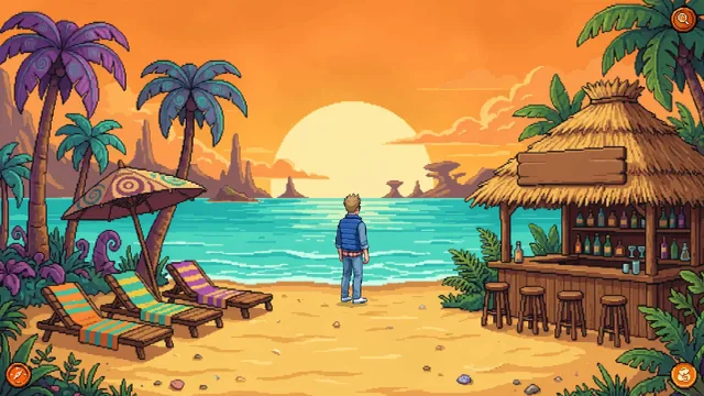Scott on an alien beach at sunset, next to deck chairs and a thatched beach bar
