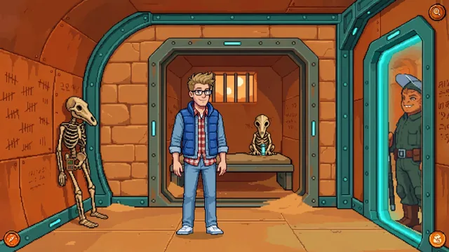 Scott in a sandy prison cell, a guard behind a glass door