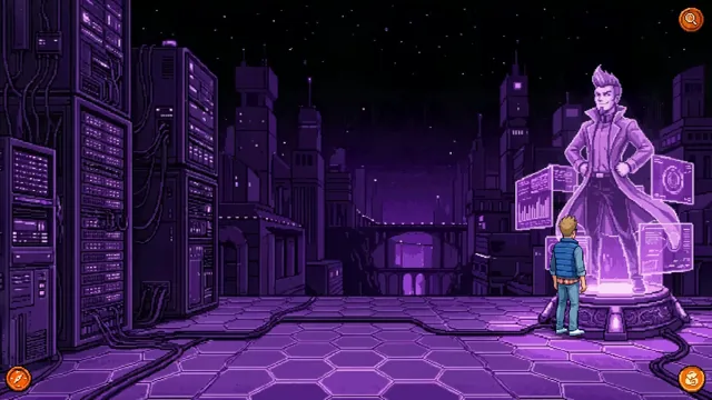 Scott looking up at a giant violet hologram statue of his evil twin in a digital city