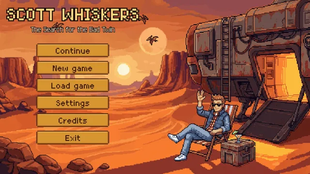 Title screen: Scott relaxing in a deck chair under two suns